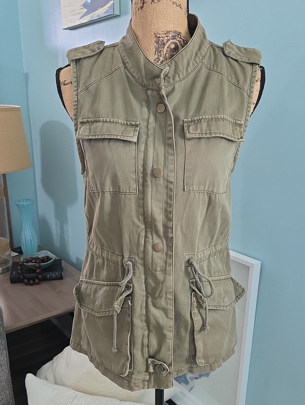 Per Se Military Style Olive Green Utility Cargo Vest Drawstring Waist S